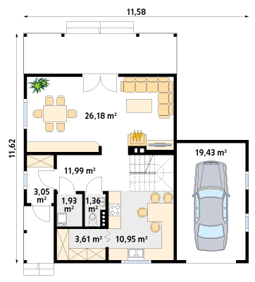 Rzut parteru projektu domu Jaśmin 3 dr-S